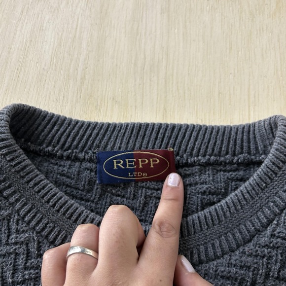 Vintage Repp Ltd Sweater Mens Large Gray Herringbone Knit Crewneck Pullover - Picture 3 of 8